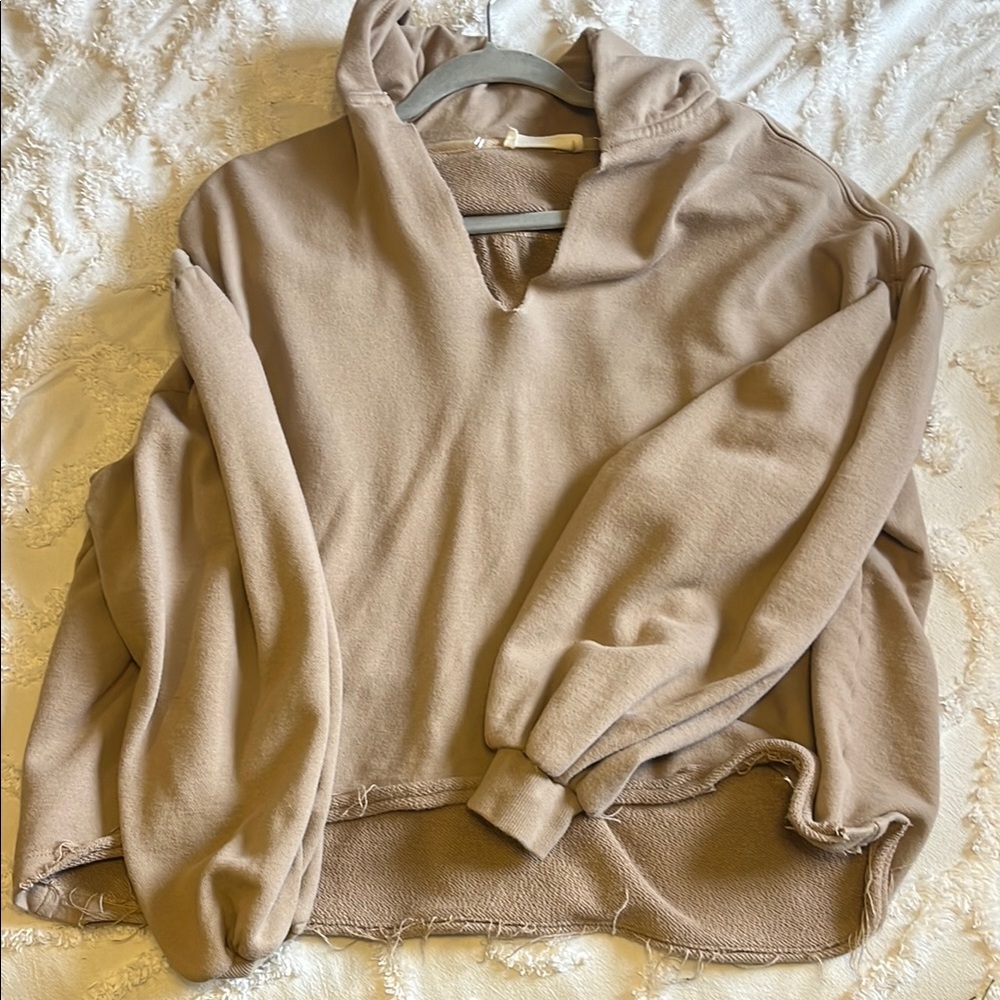 Casual Tan Hoodie with Raw Hem